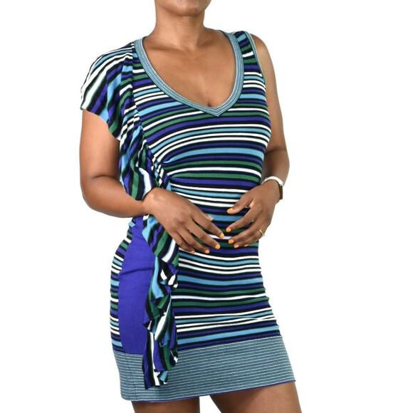 Karen Millen Dress Blue Sleeveless Mini Ruffled Shoulder Striped Bodycon Size 2 - Picture 1 of 14